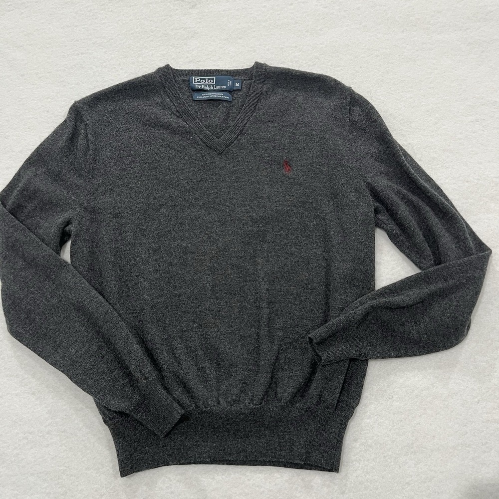 Polo Ralph Lauren 100% Merino Wool V-Neck Sweater Logo Men's Size Medium Luxury